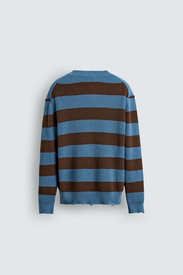 PULL EN MAILLE PERLÉE RAYURES - Bleu de Zara - Image 8