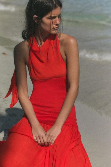 VESTIDO HALTER COMBINADO VOLUMEN - Rojo vivo de Zara