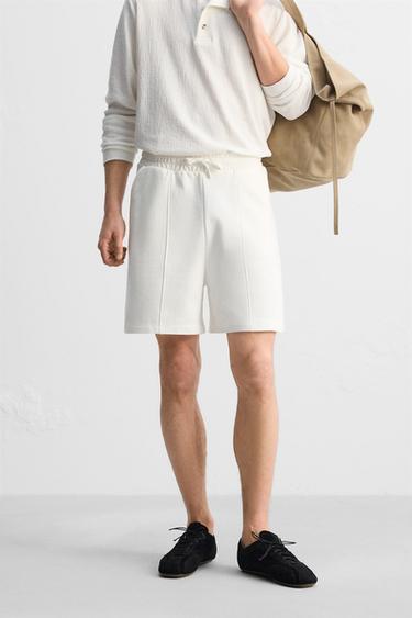Zara STITCHED JOGGER SHORTS - White