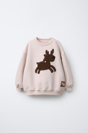 Zara REINDEER FAUX SHEARLING PATCH SWEATSHIRT - Stone
