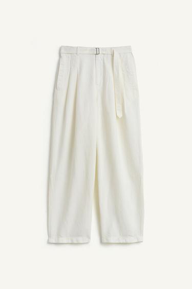 بنطلون واسع من الكتان - أبيض الخاص بـ Zara