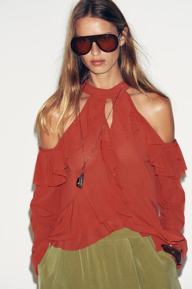 RUFFLED HALTER TOP - Terracotta by Zara