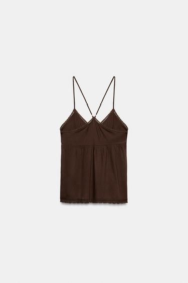 EMBROIDERED CHIFFON STRAPPY TOP - Brown by Zara - Image 6