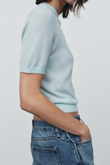 سترة صوفية بأكمام قصيرة - أزرق باستيل الخاص بـ Zara