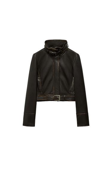 Zara 100% DISTRESSED LEATHER JACKET - Dark brown