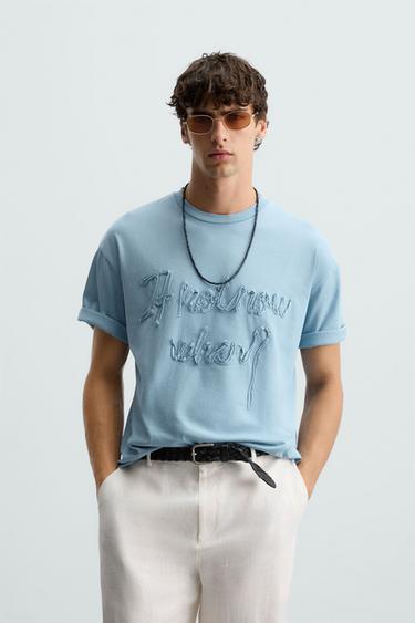 Zara RAISED TEXT T-SHIRT - Blue