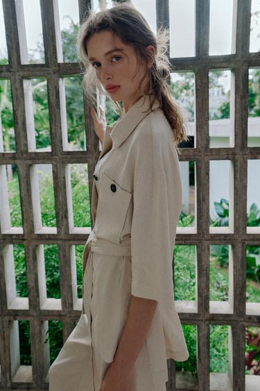 VESTE SAFARI EN LIN AVEC CEINTURE - Beige clair de Zara - Image 3