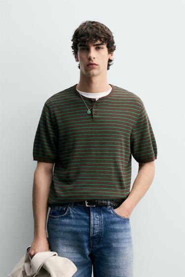 KNITTED COTTON/LINEN HENLEY T-SHIRT - Brown by Zara