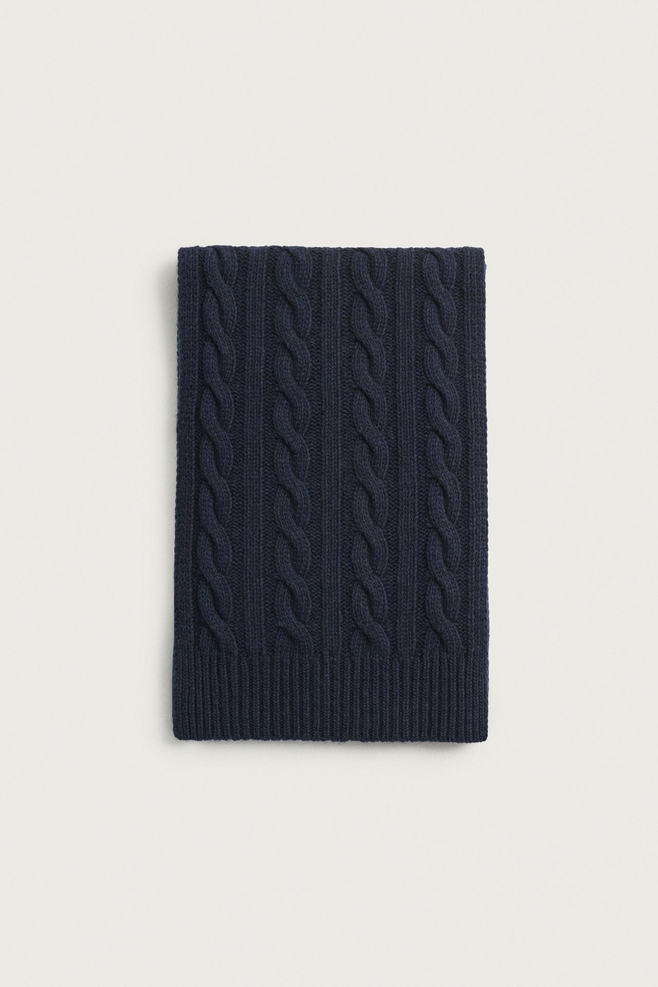 WOOL BLEND CABLE KNIT SCARF — Dark navy
