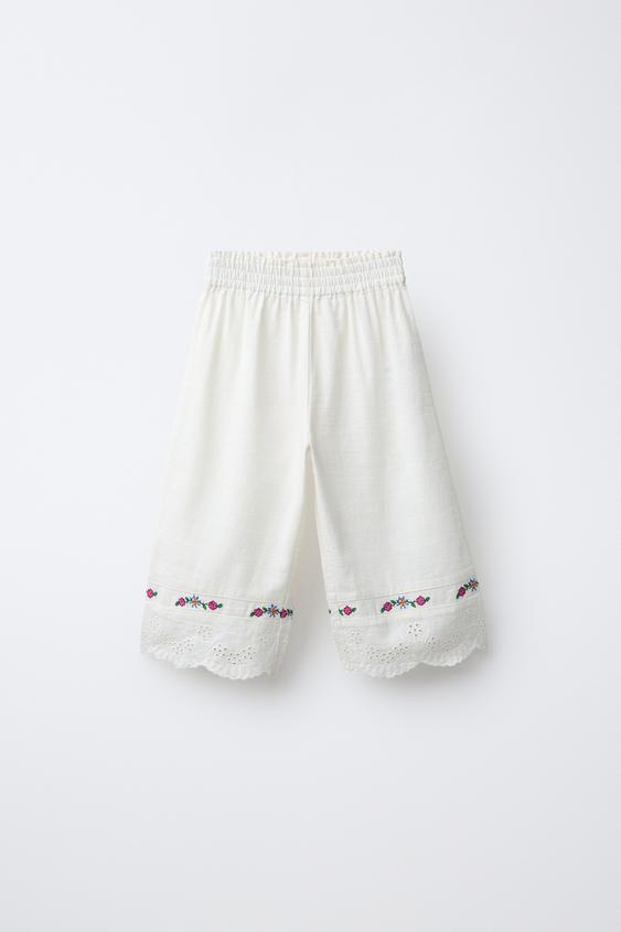 EMBROIDERED FLORAL COTTON BLEND AND LINEN CULOTTES - Ecru by Zara - Image 0
