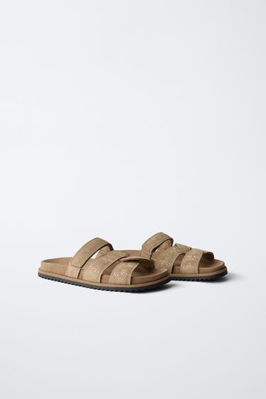 EMBROIDERED LEATHER SANDALS - Brown by Zara