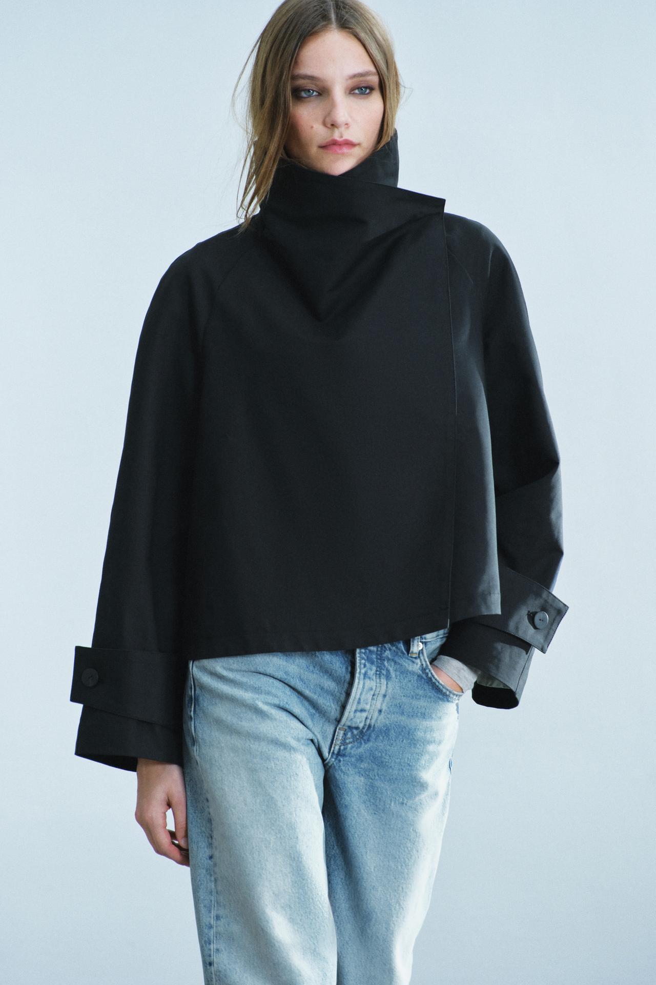 ZW COLLECTION SHORT HIGH-COLLAR TRENCH COAT — Black