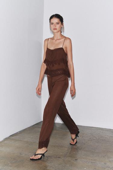 FLOWING LACE TROUSERS - Brown by Zara