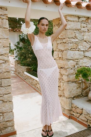 VESTIDO LARGO ENCAJE - Rosa pastel de Zara