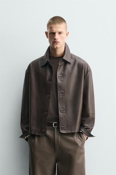 Zara LEATHER BOXY FIT JACKET - Chocolate