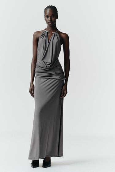 DRAPED JEWEL NECK DRESS - Grey by Zara