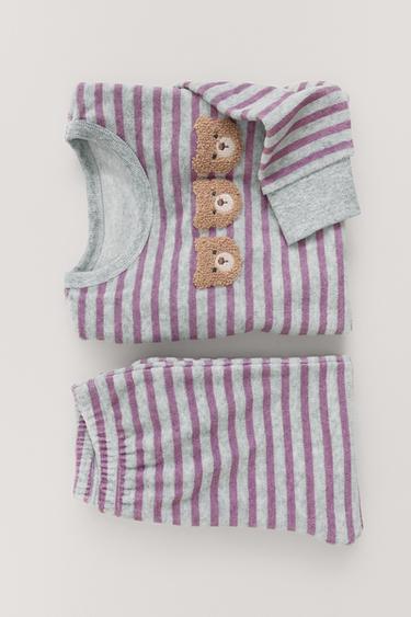 1.5-6 YEARS/ STRIPED BEAR VELOUR PYJAMAS — Grey marl 1