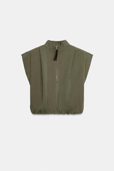 BLUSA BALÃO COM PREGAS E ZÍPER - Caqui-escuro da Zara - Imagem 0