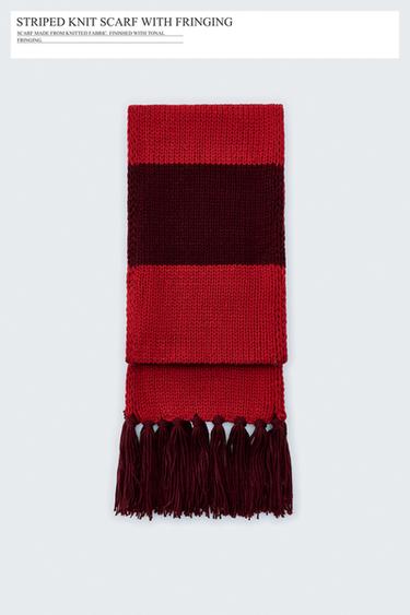 STRIPED KNIT SCARF WITH FRINGING - Red by Zara