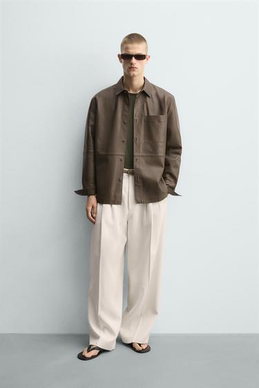 RELAXED FIT LEATHER SHIRT WITH POCKET - Khaki by Zara - Image 0
