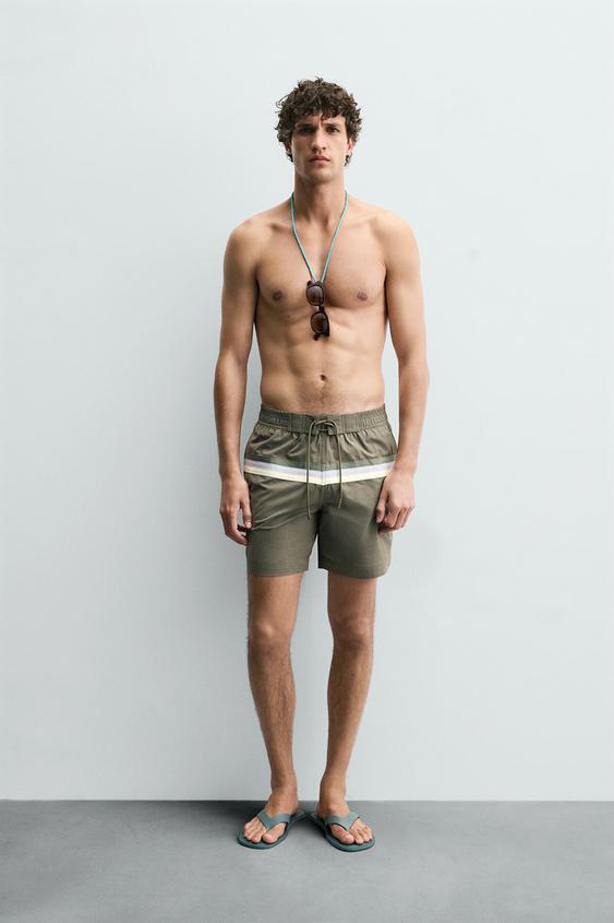 BAÑADOR LARGO BANDAS - Khaki de Zara - Imagen 0