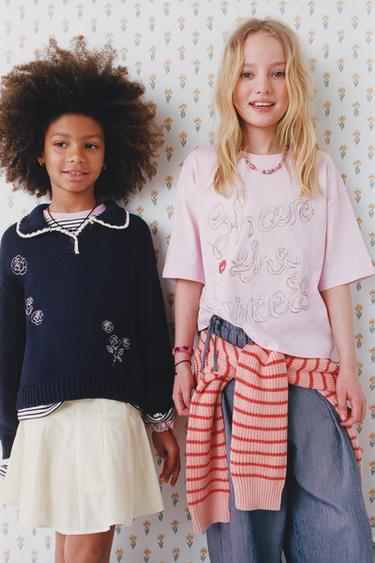 KNIT JUMPER WITH PETER PAN COLLAR AND EMBROIDERED FLOWERS - Blue by Zara