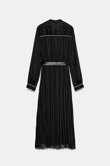 PLEATED MIDI DRESS WITH CONTRAST PIPING BELT - Black by Zara - Image 8