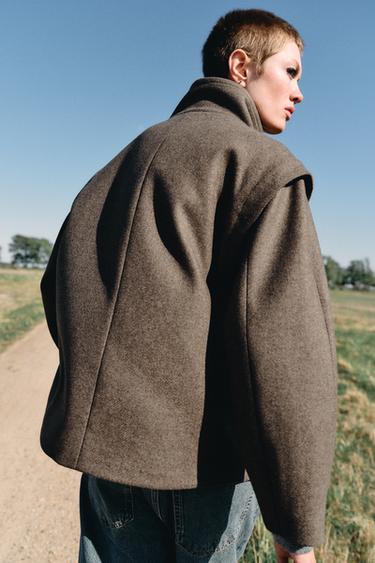 Zara WOOL BLEND SHORT COAT - Dark mink