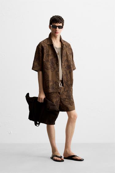 EMBOSSED EMBROIDERED BERMUDA SHORTS - Chocolate by Zara