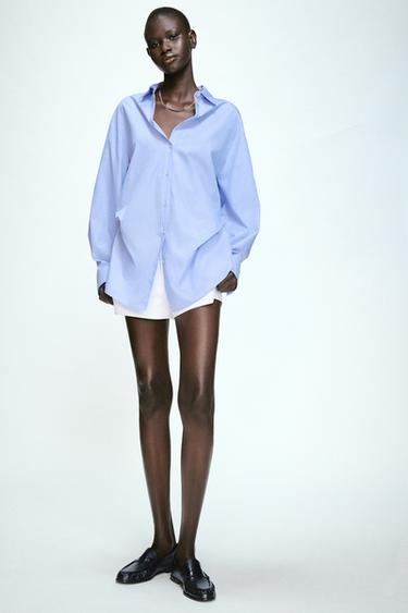 CAMISA POPELÍN PLIEGUE - Celeste de Zara - Imagen 0