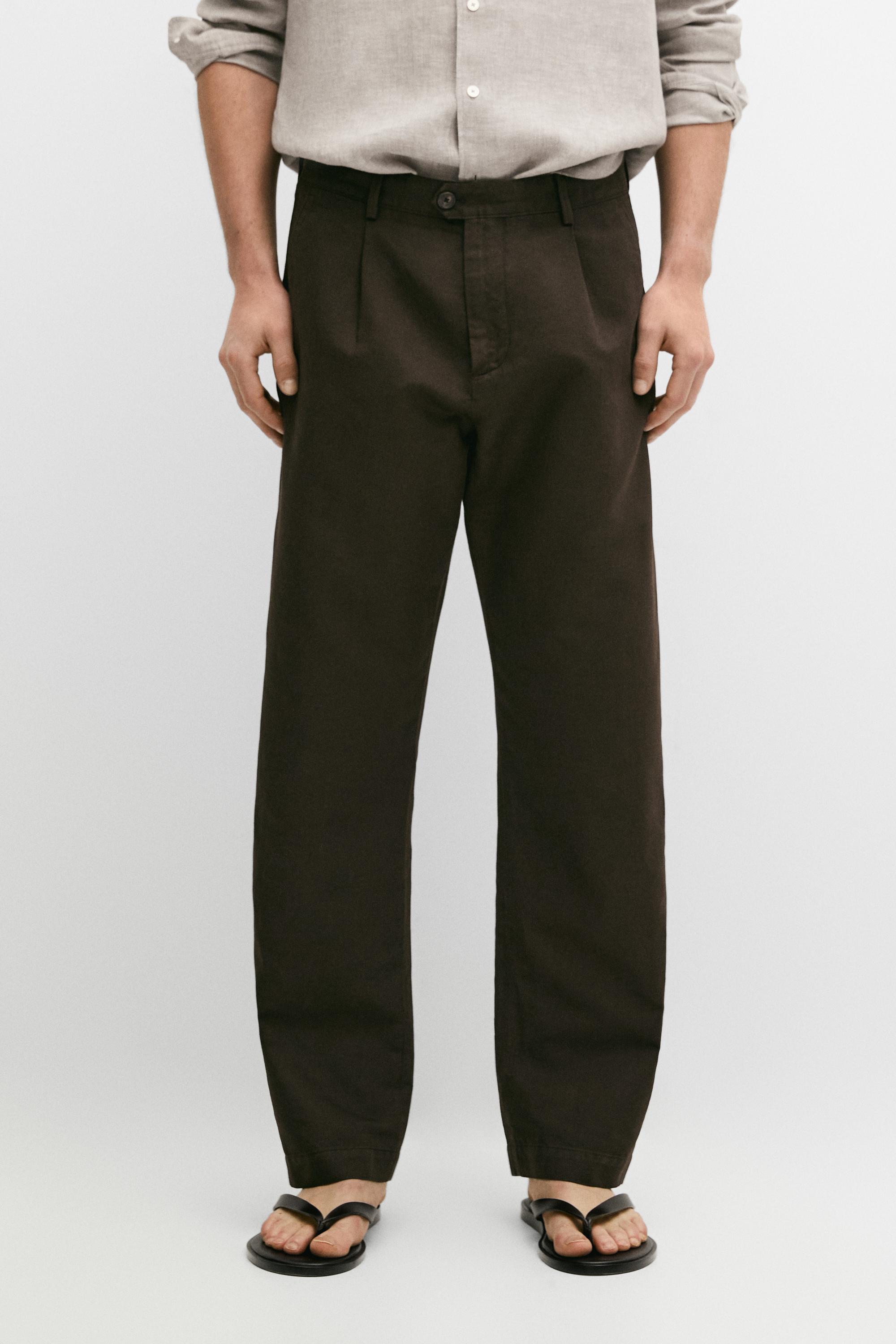 Pantalon straight à pinces en lin et coton