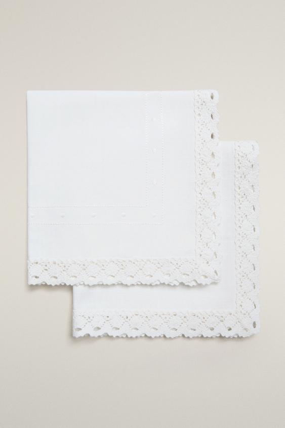 Zara EMBROIDERED COTTON NAPKINS WITH LACE TRIM (PACK OF 2) - White - Image 0
