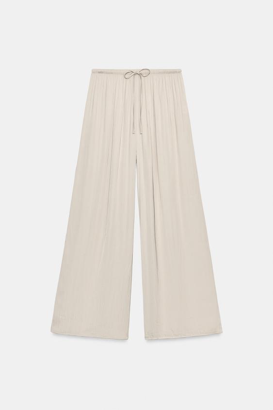 Zara SATIN PALAZZO PANTS - Stone - Image 0