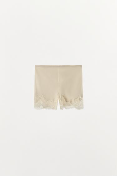 Zara SATIN EFFECT LACE PAJAMA SHORTS - Ecru