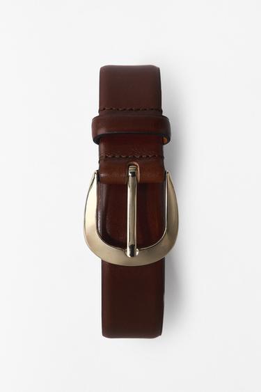LEATHER BELT WITH OVAL BUCKLE - Brown by Zara