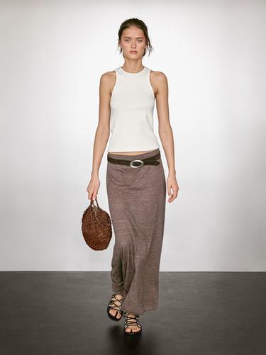 Zara Long linen blend knit skirt - Brown