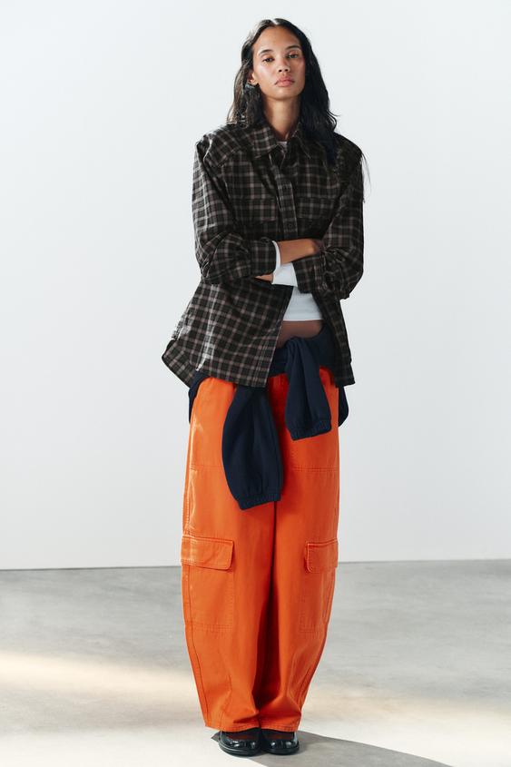 Zara OVERSIZED PLAID POPLIN SHIRT - BLACK/ORANGE - Image 0