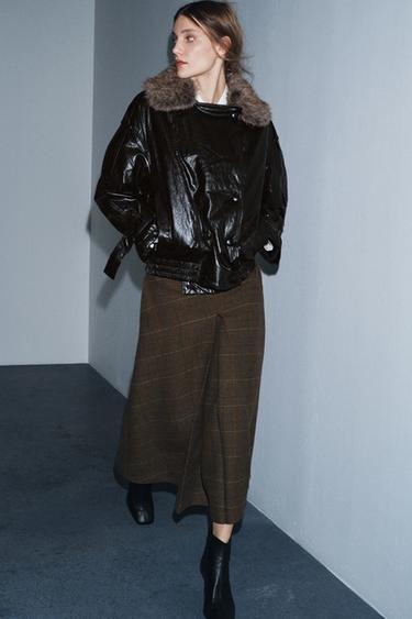 SHINY FAUX FUR COLLAR JACKET ZW COLLECTION - Brown by Zara