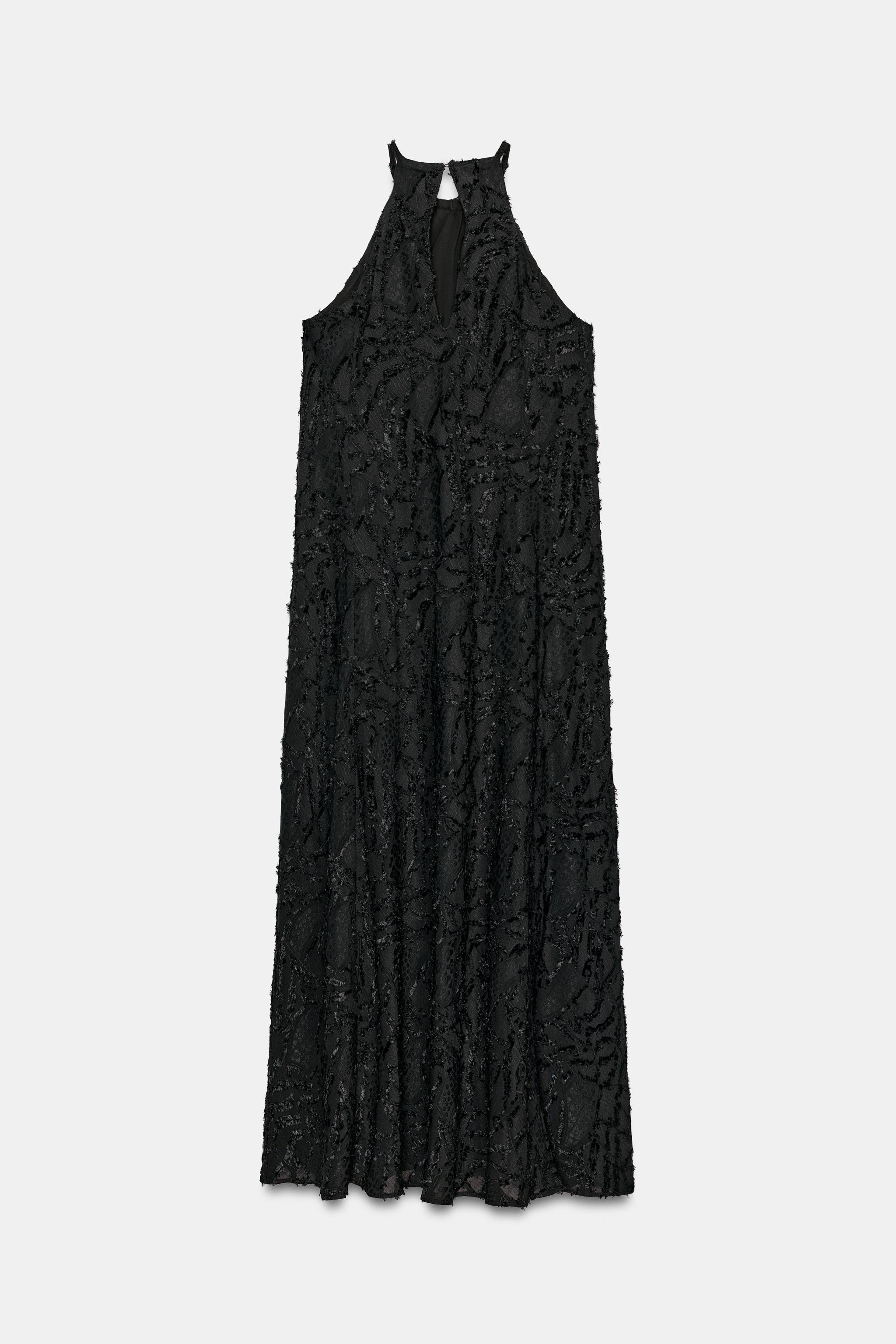 ZARA エンボス加工生地ミディワンピース XS ブラック ノースリーブ