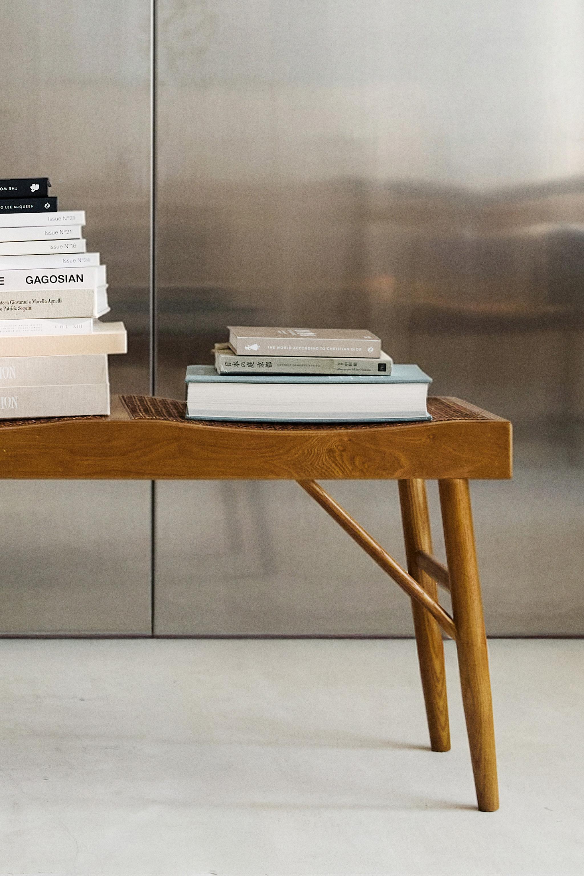 WOOD AND RATTAN BENCH — Brown