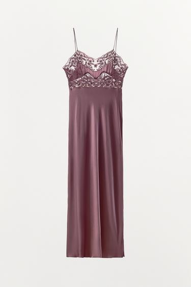 ROBE SATINÉE BRODERIES DENTELLE - Aubergine de Zara - Image 4
