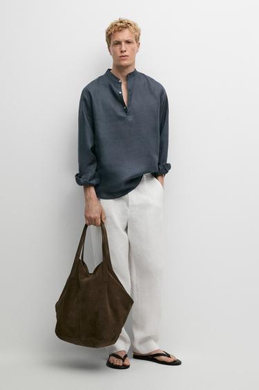 Zara Regular fit stand collar 100% linen shirt - Petrol blue - Image 0