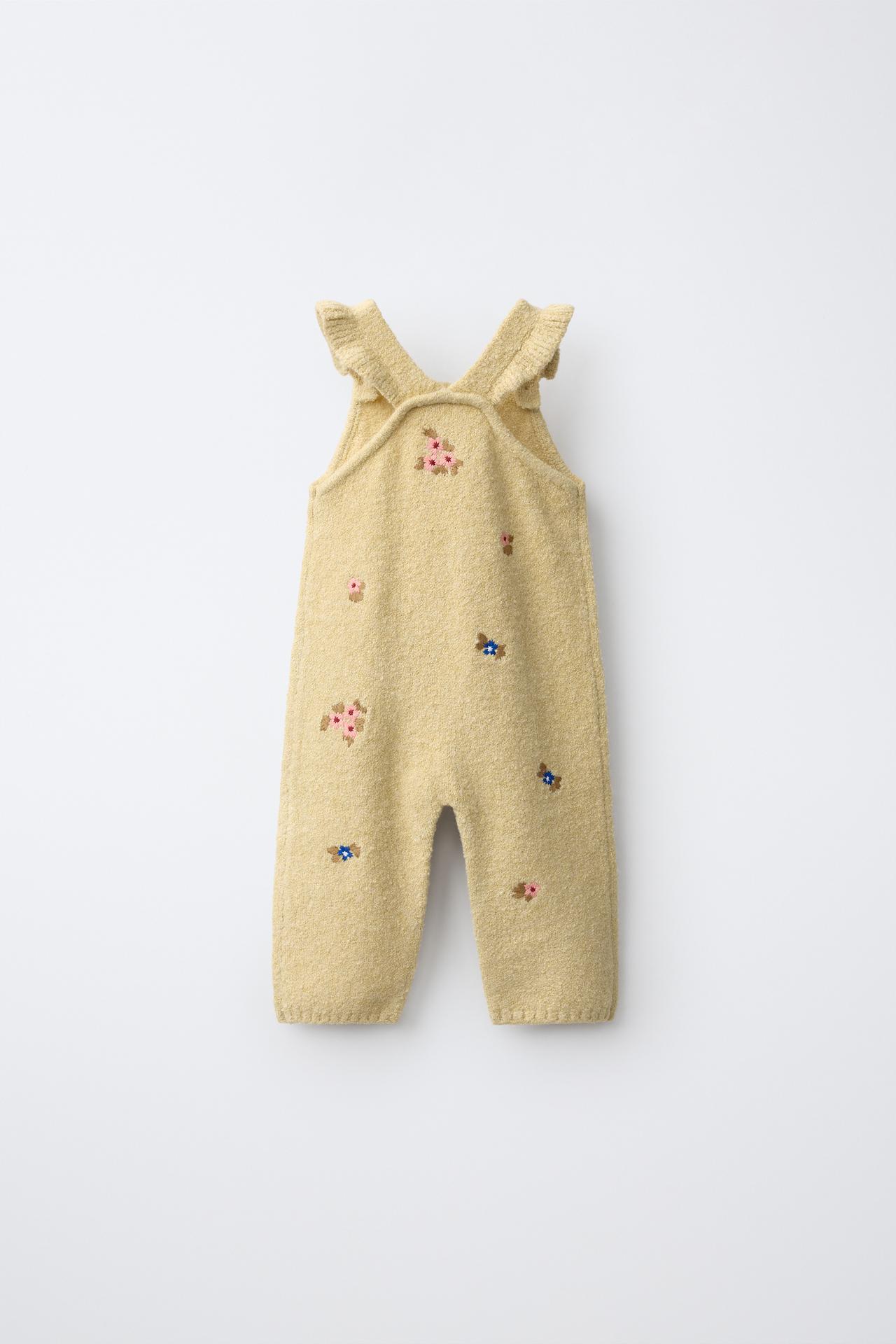 LONG KNIT PINAFORE WITH EMBROIDERED FLOWERS — Light yellow