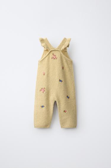 LONG KNIT PINAFORE WITH EMBROIDERED FLOWERS — Light yellow 2