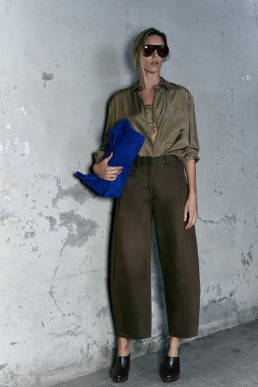 ZW COLLECTION HERRINGBONE WIDE-LEG TROUSERS - Dark brown by Zara