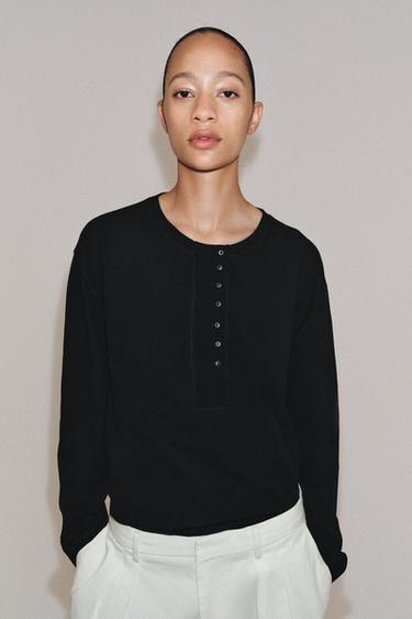 Zara LINEN BLEND HENLEY SHIRT - Black