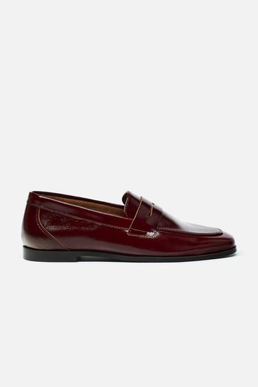 LEATHER PENNY STRAP LOAFERS - Burgundy Red by Zara