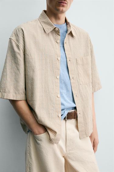 RELAXED FIT CHECK SHIRT WITH CONTRAST EMBROIDERY - CAMEL/WHITE  by Zara - Image 6