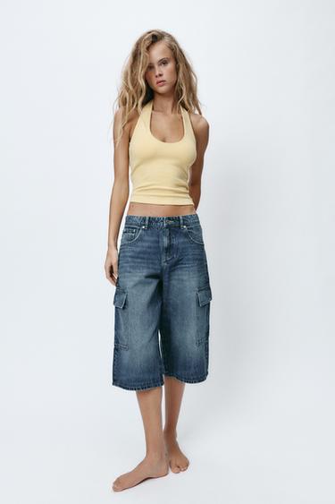 Zara LOW-RISE CARGO DENIM SHORTS - Navy blue