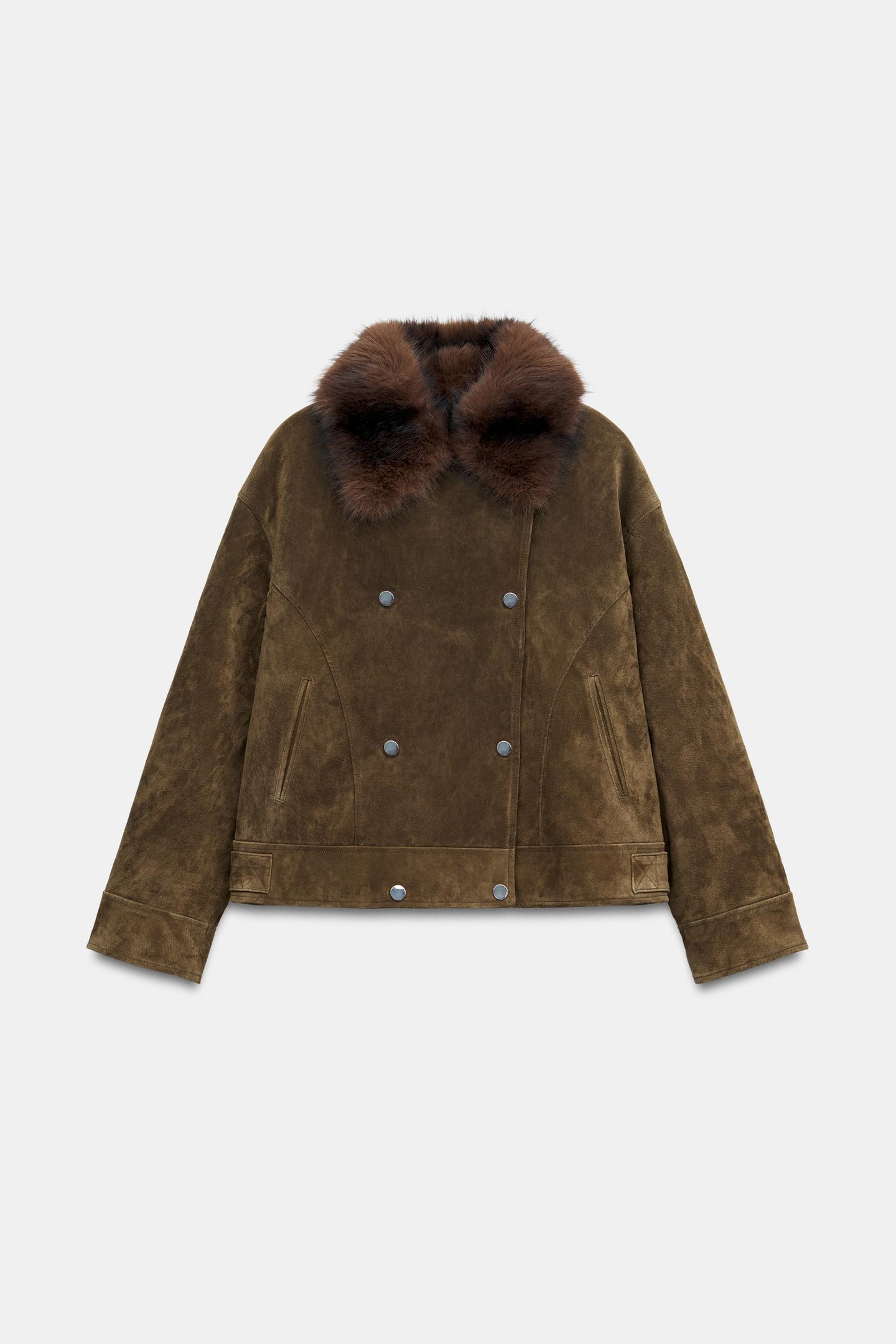 Женская куртка Zara 100% Leather Padded Jacket with Faux Fur Collar, цвет: Тёмный коричневый — фото 7